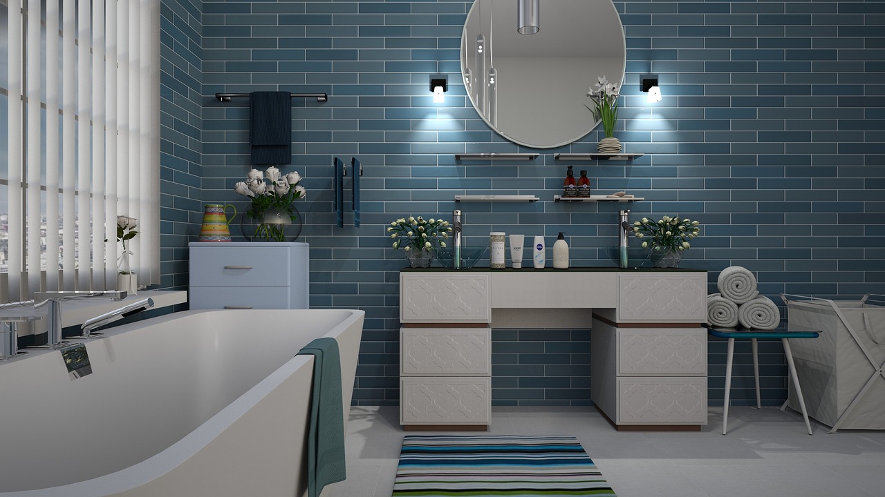 blue and white tile bathroom