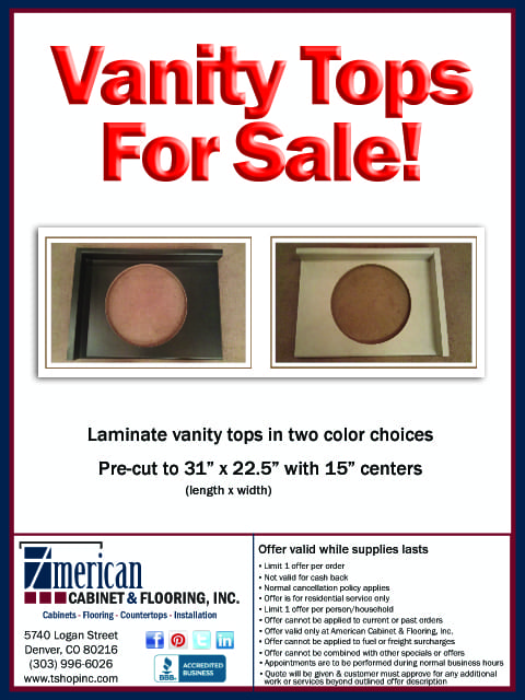 American Cabinet & Flooring has pre-cut laminate vanity tops FOR SALE!