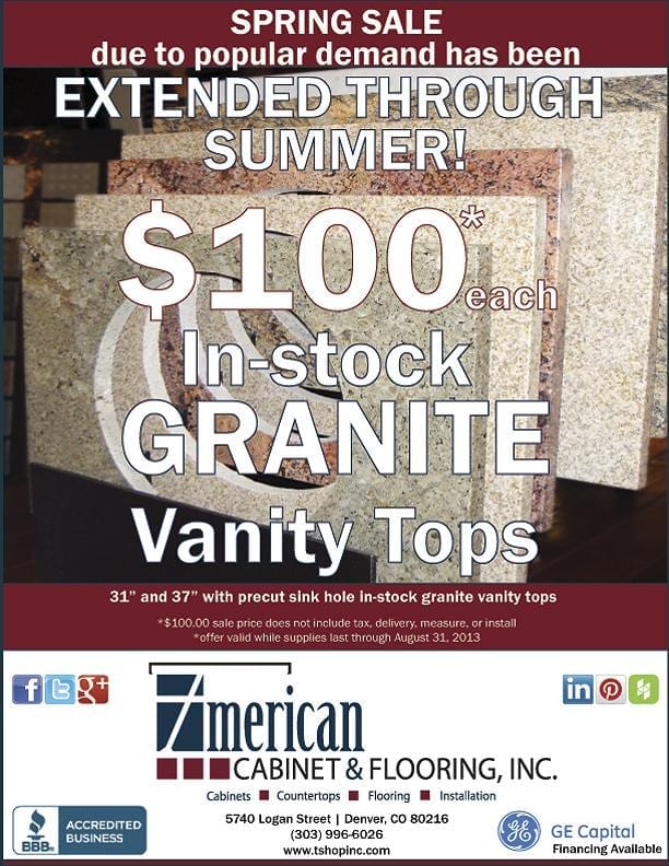 $100 In-stock Granite Vanity Tops Sale EXTENDED Through Summer! at American Cabinet & Flooring