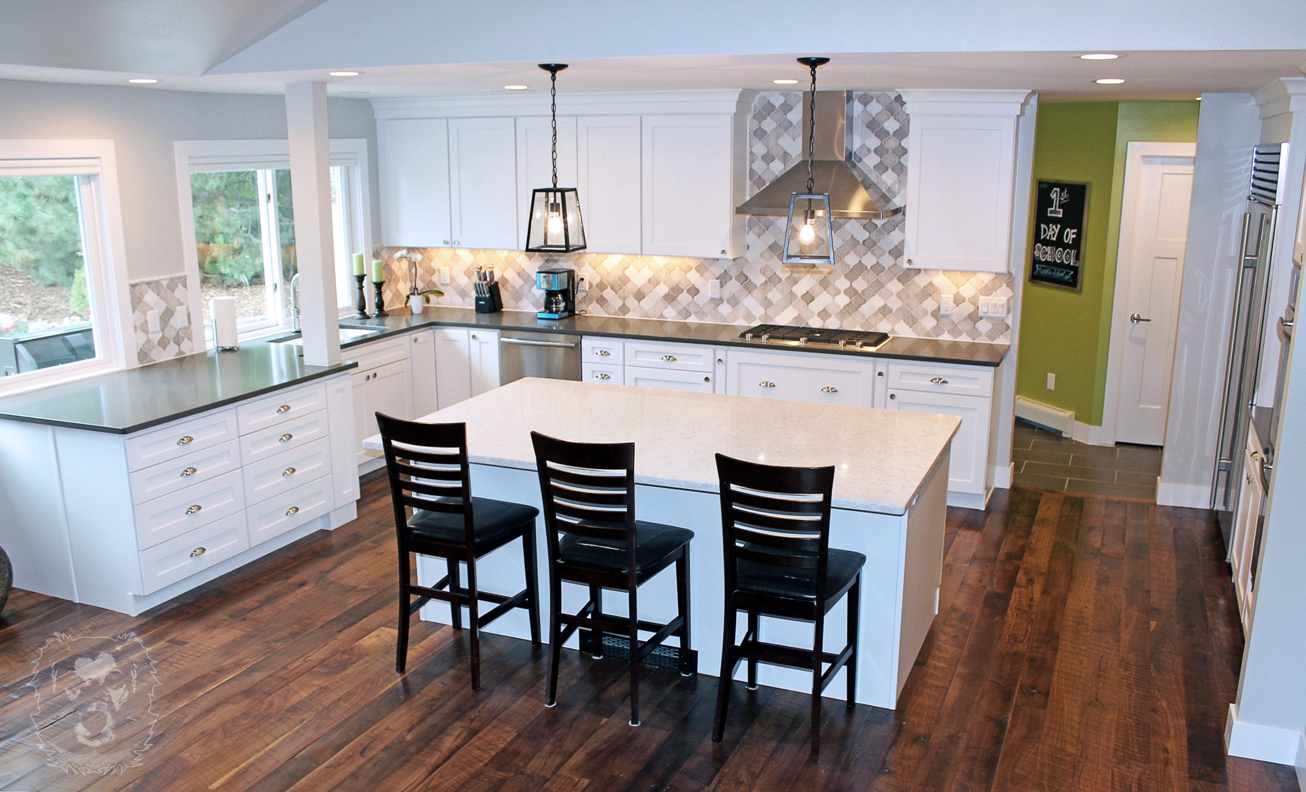 white kitchen cabinets and countertop wood floor